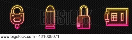 Set Line Safe Combination Lock, Lock And Key, Bullet And Safe. Glowing Neon Icon. Vector