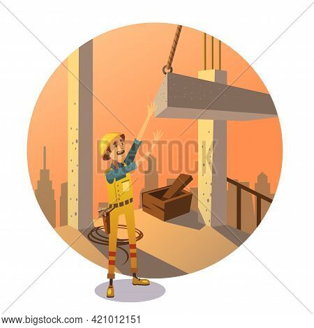 Construction Concept With Labor Worker Putting Concrete Bay On Building Retro Stylr Vector Illustrat
