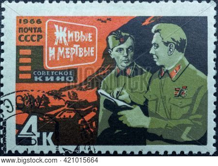 Ussr - Circa 1966: Postage Stamp 'scene From 'the Living And The Dead' Director Stolper' Printed In 