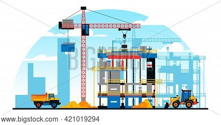 A Building Under Construction Against The Background Of A City Under Construction. A Site With Heavy