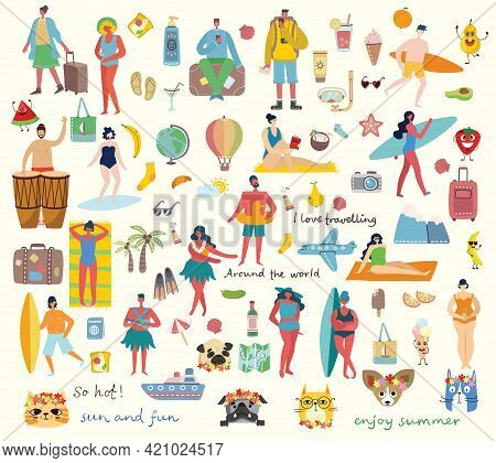 Set Of Different Vector Summer Travel People And Icons In The Flat Stye