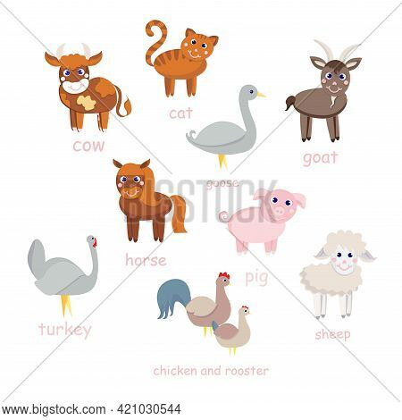 Cute Farm Animal Set Flat Design Element Art Design Stock Vector Illustration For Web, For Print, Fo