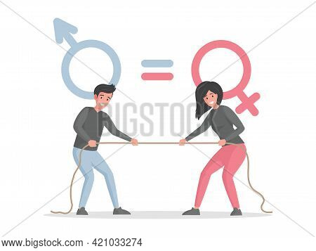 Male And Female Characters Pulling Rope Against Each Other Vector Flat Illustration. Man Versus Woma