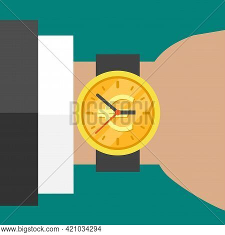 Hand With Golden Hand Watch On Wrist With Euro Sign Isolated On Turquoise Background. Fast Time Stop