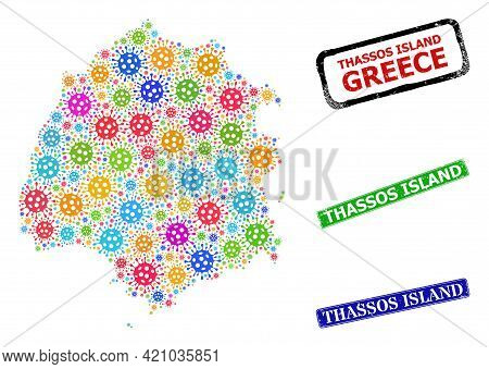 Vector Cell Mosaic Thassos Island Map, And Grunge Thassos Island Seals. Vector Colorful Thassos Isla