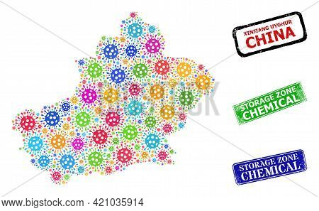 Vector Bacilla Collage Xinjiang Uyghur Region Map, And Grunge Storage Zone Chemical Seals. Vector Mu