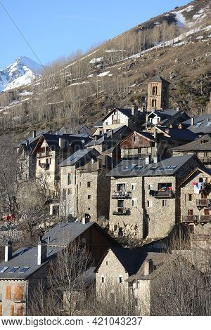 Taull, Spain, March 1, 2020 - View Of Mountain Village With Thousand Years Of History And Bell Tower