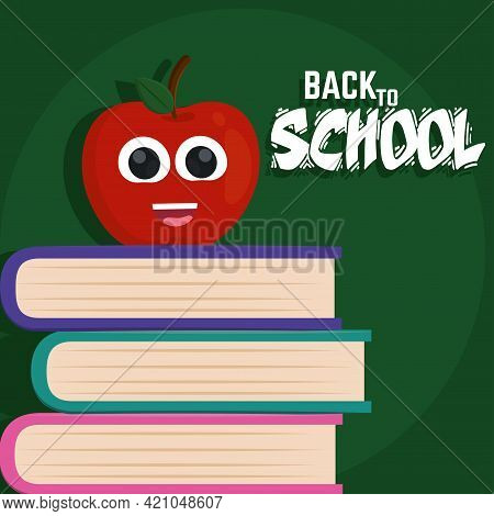 Apple Cartoon On A Stacked Books Back To School Vector Illustration ...