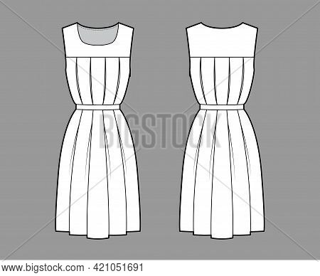 Dress Gymslip Technical Fashion Illustration With Knee Length A-line Skirt, Pleats, Scoop Neckline. 