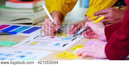 Brainstorm Planing Creative Teamwork,  Close Up Of Hands Mobile Phone App Developer Team Meeting Abo