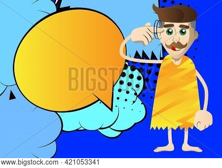 Cartoon Prehistoric Man Shows A You're Nuts Gesture By Twisting His Finger Around His Temple. Vector