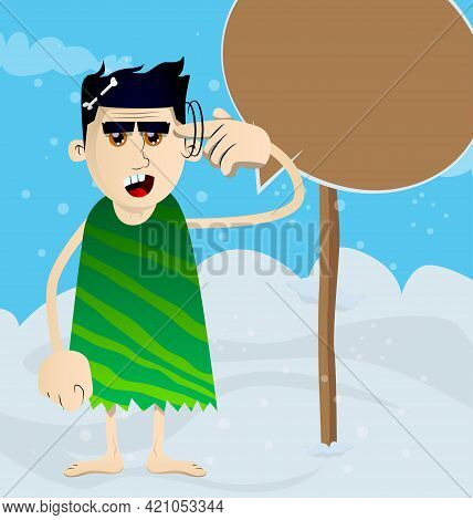 Cartoon Prehistoric Man Shows A You're Nuts Gesture By Twisting His Finger Around His Temple. Vector
