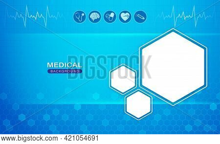 Medical Abstract Background With Hexagon Frame, Flat Icons. Design With Concept In Blue Light For We
