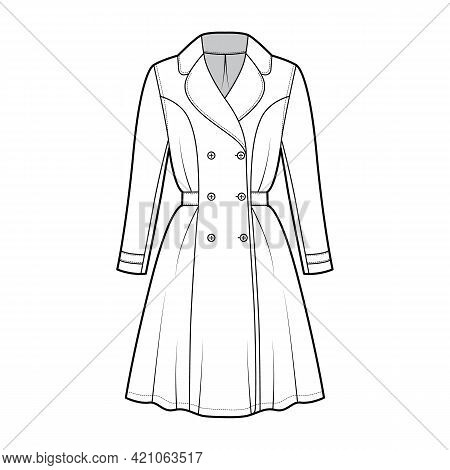 Dress Coat Trench Technical Fashion Illustration With Double Breasted, Long Sleeve, Fitted Body, Kne