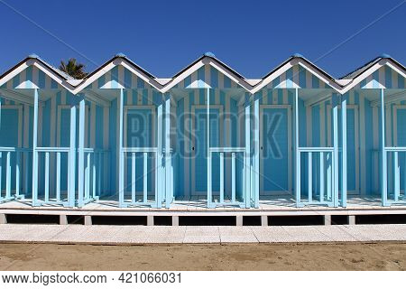 Bagno Annetta, Italy, Forte Dei Marmi, 01 April 2017, Beach Huts Blue Color On Forte Dei Marmi Beach