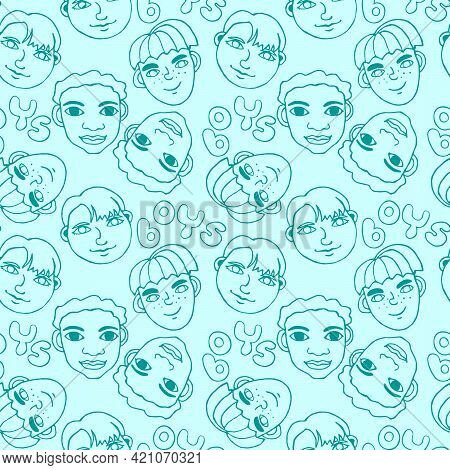 Seamless Pattern With Cartoon Faces Vector People. Hand Drawn Line Art Illustration. Outline Doodle 