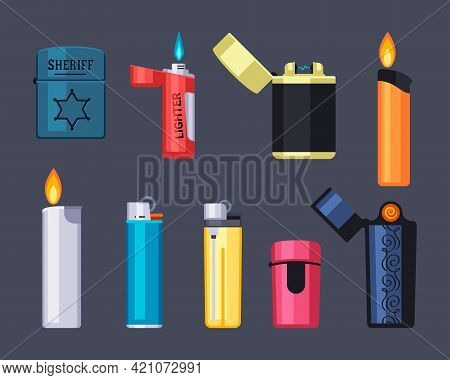 Modern And Retro Lighters Set. Stylish Plastic And Metal Fire Tools With Red And Blue Flames Vintage