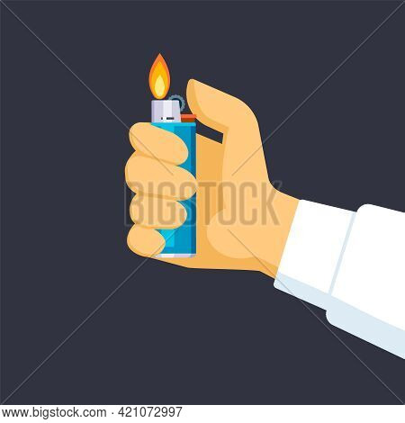 Hand Holds Lighter Illustration. Quick Creation Light Dark Room Help In Lighting Cigarette Symbol He