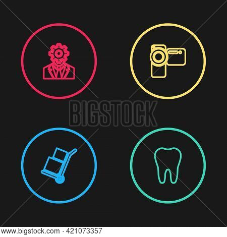 Set Line Hand Truck And Boxes, Tooth, Cinema Camera And Head With Gear Inside Icon. Vector