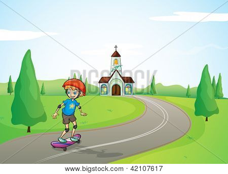 Illustration af en dreng og en kirke