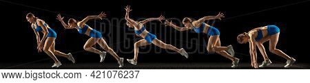 Collage Of Different Photos Of Professional Sportswoman, Runner, Jogger In Action And Motion Isolate
