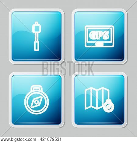Set Line Marshmallow On Stick, Gps Device With Map, Compass And Location Of The Forest Icon. Vector