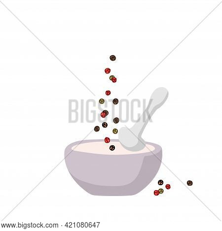 Peppercorn Mix In Ceramic Mortar. Organic Product Flat. Flavor Cooking Ingredient. Different Varieti