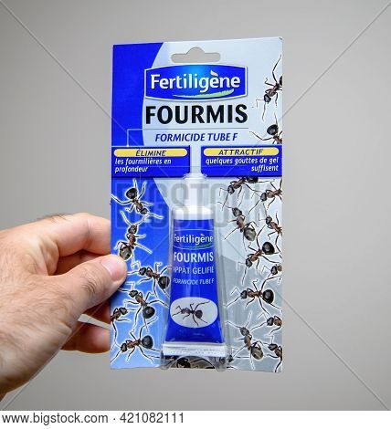 Paris, France - May 18, 2021: Pov Male Hand Holding Fertiligene Fourmis Formicide Against Ants Kill 
