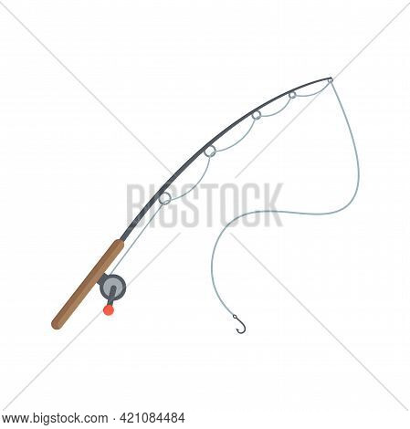 Fishing Rod With Spinning Reel Isolated On White Background. Simple Flat Vector Illustration. Fishin