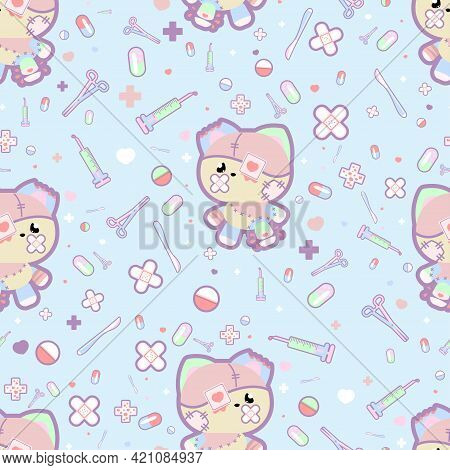 Pink Suffering Character Seamless Pattern In Yami Kawaii Style Isolated On Blue Background. Japanese