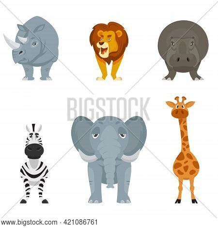 Set Of African Animals Front View. Wildlife Inhabitants In Cartoon Style.