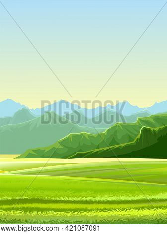 Rural Landscape. Hills And Meadows. Pastures And Farmland. Beautiful Nature View. The Horizon Is Dis
