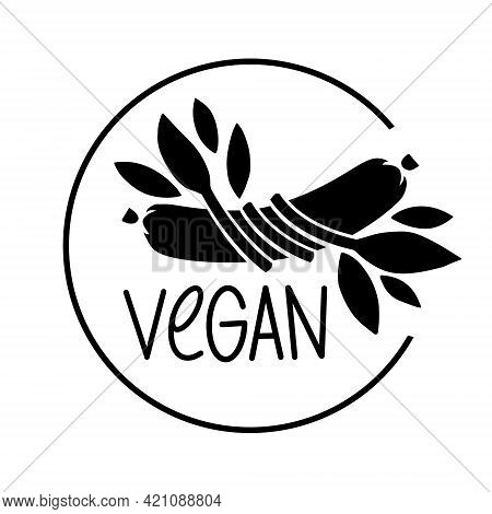 Plant Based Meat Icon. Vegan Product. Sausage Entwined With Plant Leaves. Organic Natural Vegetarian