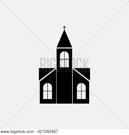 Church Flat Of Black Color. Vector Church With Cross Icon On White Background