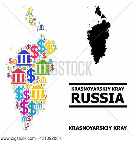 Bright Colored Bank And Economics Mosaic And Solid Map Of Krasnoyarskiy Kray. Map Of Krasnoyarskiy K
