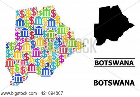 Multicolored Bank And Dollar Mosaic And Solid Map Of Botswana. Map Of Botswana Vector Mosaic For Ads