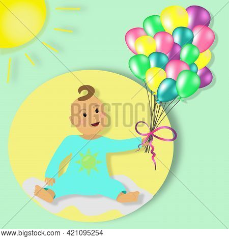 Сolorful Illustration оf Baby Sitting With Balloons. Idea For Holiday Invitation Or Birthday Card, F