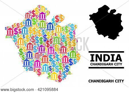 Bright Colored Finance And Dollar Mosaic And Solid Map Of Chandigarh City. Map Of Chandigarh City Ve