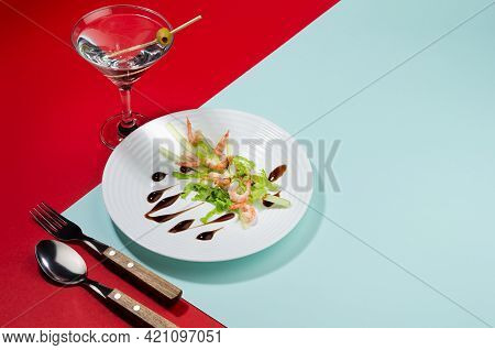Modern Elegant Geometric Style In Food - Appetizer Of Shrimps, Greens, Celery, Teriyaki Sauce With M