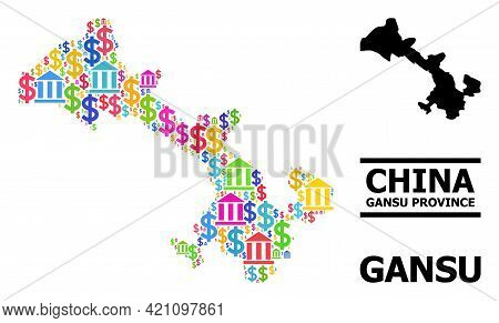 Bright Colored Bank And Commercial Mosaic And Solid Map Of Gansu Province. Map Of Gansu Province Vec