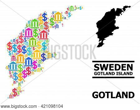 Colored Bank And Economics Mosaic And Solid Map Of Gotland Island. Map Of Gotland Island Vector Mosa