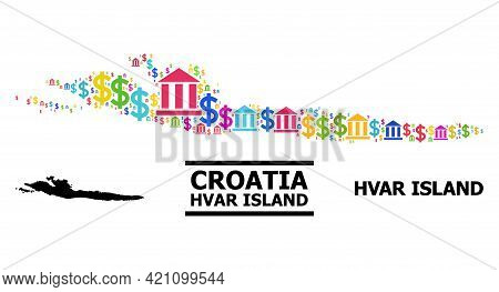 Multicolored Bank And Commerce Mosaic And Solid Map Of Hvar Island. Map Of Hvar Island Vector Mosaic