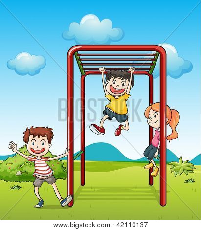 Illustrazione di bambini che giocano monkeybar in una splendida natura