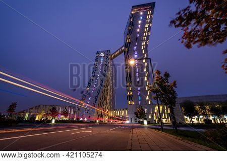 Copenhagen, Denmark - October 15 2017: Hotel Bella Sky In Copenhagen Seen At Night