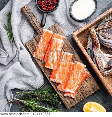 Fresh Crab Meat Surimi With Blue Swimming Crab Set, On Gray Background, Top View Flat Lay