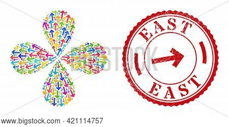 Direction Arrow Multi Colored Explosion Abstract Flower, And Red Round East Rough Stamp Print. Direc