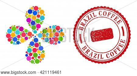 Octagon Bright Rotation Flower With 4 Petals, And Red Round Brazil Coffee Rubber Stamp Print. Octago