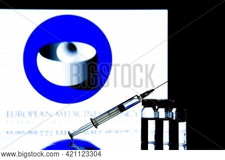 Madrid, Spain- February 20, 2021: Glass Vials And Syringe With Covid-19 Vaccine And European Medicin