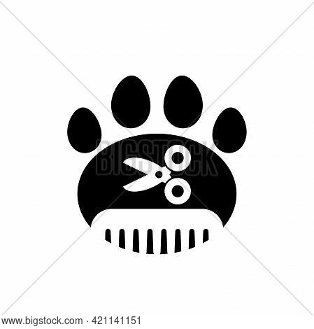 Pet Grooming. Comb And Scissor And Paw Trail. Animal Haircut, Combing And Grooming Pets. Salon Logo.