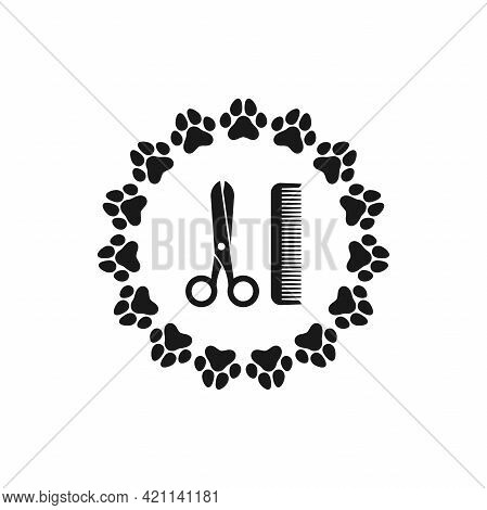 Pet Grooming. Comb And Scissor And Paw Trail. Animal Haircut, Combing And Grooming Pets. Salon Logo.